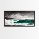 Green Ocean Wave, Dramatic, Black and White, Framed Canvas Print, Coastal Wall Art, Surfer Decor, Beach House Art, Nautical Decor