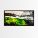 Green Cliffside, Coastal Landscape, Ocean Art, Black and White Seascape, Modern Home Decor, Nautical Theme Artwork, Framed Canvas Print