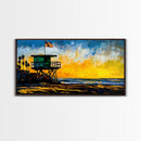 Lifeguard Tower, Sunset, Coast, Framed Canvas Print, California Beach Wall Art, Surf Decor, Vibrant Seaside Art, Coastal Home Decor