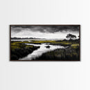 Marshland Scene, Serene Landscape, Black and White Nature Art, Modern Decor, Misty Grasslands, Living Room Artwork, Framed Canvas Print