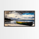 Green Canoe, Tranquil Art, Lake Landscape, Serene Cabin Wall Art, Adventure Home Decor, Living Room Art, Framed Canvas Print