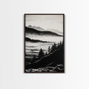 Misty Mountain, Black White Wall Art, Landscape Painting, Nature Artwork, Modern Home Decor, Minimalist Art, Framed Canvas Print