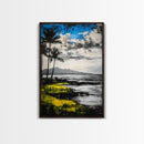Tropical Beach Scene, Coastal Landscape Art, Black White Blue Yellow, Palm Tree Ocean Decor, Relaxing Home Gift, Framed Canvas Print