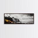 Coastal Cliff Painting, Black and White Seascape, Ocean View Artwork, Modern Nautical Decor, Beach House Wall Art, Framed Canvas Print