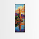 Desert Cactus, Reflection Art, Framed Canvas Print, bold southwest landscape, cacti and red rock lake scene, rustic style living room wall art