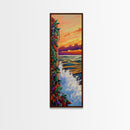 Sunset Waves, Colorful Leaves, Beach Serenity, Framed Canvas Print, vibrant ocean wall decor, boho coastal living room art