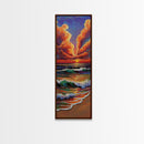 Ocean Sunset, Glow, Waves Framed Canvas Print glowing beach sunset wall art, vivid wave painting, warm coastal decor, boho beach house art