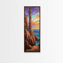 Lighthouse Coastline, Sunset Majestic — Framed Canvas Print, coastal wall art, nautical decor, seascape lighthouse painting, beach house print