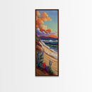 Shoreline Wildflowers, Waves, Sunset, Framed Canvas Print, beach boho art, floral coastal scene, bathroom or bedroom wall decor