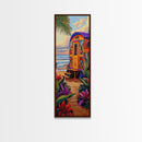 Tropical Camper, Beach Sunset, Framed Canvas Print, beach house wall decor, boho camper wall art, colorful coastal painting, fun summer vibes