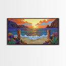 Sunset Beach, Waves, Colorful sunset beach seascape with waves and mountain view, Canvas Print, tropical coastal wall decor