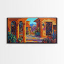 Spanish Courtyard, Colorful Villa Street, Southwest Patio Art, Framed Canvas Print, Mediterranean Home Decor, Rustic Wall Art
