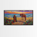 Horse Beach, Sunset, Western, Framed Canvas Print, Cowboy Art, Coastal Wall Decor, Rustic Boho Style, Entryway Statement Piece