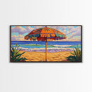 Umbrella Beach, Ocean, Framed Canvas Print, Colorful Beach Umbrella Painting, Retro Coastal Wall Decor, Summer Kitchen Art