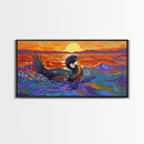 Sunset Loon, Splash, Painting, Framed Canvas Print lakehouse wall art, coastal bathroom decor, vibrant nature print, ocean artwork