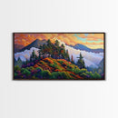Mountain Trees, Sunset Ridge, Cloudy Peaks, Framed Canvas Print, Nature Inspired Wall Art, Autumn Living Room or Office Decor