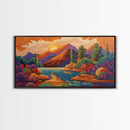Sunset Lake, Autumn Trees, Mountain Reflections, Framed Canvas Print, Cozy Fall Wall Art, Bedroom Decor, Warm Landscape Painting