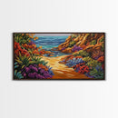 Colorful Beach, Pathway, Painting, Framed Canvas Print vibrant coastal trail wall decor, tropical beach boho art, hallway accent