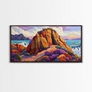 Ocean Cave, Rocky Coast, Lavender Brush, Framed Canvas Print, Bold Nature Wall Art, Vibrant Bedroom or Study Coastal Decor