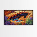 Desert Hidden, Oasis, Waterfall, Framed Canvas Print Nature-inspired boho landscape, colorful living room wall art, southwest decor