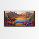 Lake Sunset, Desert, Mountains, Framed Canvas Print, colorful landscape wall decor, boho living room art, nature lovers gift