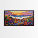Sunset Ocean, Garden, View, Framed Canvas Print, coastal sunset wall art, tropical flowers, beach décor, boho landscape, living room