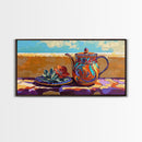 Teapot Patio, Desert, Ceramic, Framed Canvas Print, bold desert teapot art, colorful Mexican pottery, sunny outdoor patio wall art