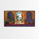 Archway Ocean, Tropical, Framed Canvas Print, Colorful tropical patio view through arch, Mexican coastal decor, Dining Wall Art