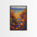 Path Ocean, Flowers, Shoreline, Framed Canvas Print, Bright coastal landscape, colorful wildflower path, Bathroom or Entryway Wall Art