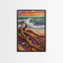 Driftwood Waves, Beach, Sunset, Framed Canvas Print, Coastal stormy beach scene, textured seascape painting, Nautical Bathroom Wall Art