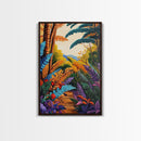 Tropical Jungle, Foliage, Path, Framed Canvas Print, Vibrant Botanical Wall Art, Boho Living Room Decor, Colorful Nature Painting