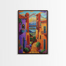 Bridge Street, Sunset, Framed Canvas Print, Colorful Cityscape Wall Art, Vibrant Urban Decor, Boho Architecture Print, Hallway Wall Art