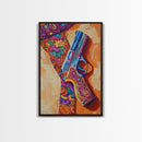 Bold Gun Art, Floral Pistol, Vibrant Western, Pop Art, Framed Canvas Print, Man Cave Wall Art, boho western decor, edgy wall art