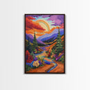 Rainbow Over Mountains, Sunset Pine Forest, Vibrant Landscape, Framed Canvas Print, Kids Room Art, Uplifting Boho Style Wall Decor