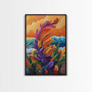 Feather Leaves, Ocean Vibe, Sunset Garden, Fall Colors, Framed Canvas Print, botanical wave art, autumn leaf decor, coastal plant painting