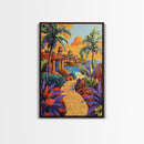 Coastal Village Path, Sunset Vibes, Tropical Getaway, Bright Colors, Framed Canvas Print, Coastal Wall Art, Living Room Decor, Boho Art