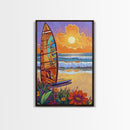 Surfboard Sunset, Ocean View, Floral Beach, Boho Style, Framed Canvas Print, beach lover gift, tropical home decor, coastal living wall art