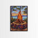 Firepit Sunset, Lake, Campfire, Framed Canvas Print lakeside bonfire painting, cozy outdoor scene, Fall cottage decor, family room wall art