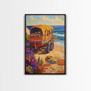 Wagon Ocean, Boho, Beach Scene With Hat Art, Framed Canvas Print, Eclectic Living Room Wall Art, Summer Coastal Decor, Vibrant Colors