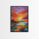 Sunset, Desert, Lake, Landscape, Framed Canvas Print, Vibrant sunset over desert lake with bold skies, perfect Southwest living room wall art