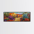 Desert Garden, Adobe Home, Cactus Pathway, Colorful Southwest, Framed Canvas Print, Kitchen Wall Art, Boho Western Decor, Vibrant Desert Scene
