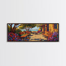 Garden Patio, Seaside Escape, Bright Cottage, Floral Path, Framed Canvas Print, Summer Porch Art, Kitchen Courtyard Painting