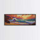 Sunset Surf, Rocky Coast, Vibrant Ocean, Evening Glow, Framed Canvas Print coastal bedroom art, surfer vibes, modern beach wall art