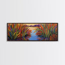 Sunset Reeds, Colorful Marsh, Reflected Peace, Framed Canvas Print, Autumn Wall Art, Living Room Decor, Vibrant Nature Landscape