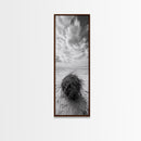 Beach Tumbleweed, Windy Dune, Coastal Drift, Seaside Simplicity, Monochrome Shoreline Framed Canvas Print, Bathroom Beach Wall Decor