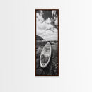 Surfboard Still, Rocky Shore, Beach Vibes, Framed Canvas Print, Coastal Bathroom Wall Art, Minimalist Beach Decor, Summer Style
