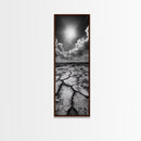 Cracked Earth, Sunburst Sky, Natural Texture, Desert Landscape, Framed Canvas Print, Rustic Decor, Earth Tone Art, Office Wall Art