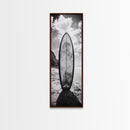 Surfboard Vertical, Sandy Beach, Coastal Rocks, Ocean Horizon, Framed Canvas Print, Surf Art, Dorm Room Decor, Tropical Vibe