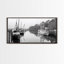 Fishing Boats Docked, Quiet Harbor Scene, Nautical River View, Framed Canvas Print, Kitchen Wall Art, Rustic Coastal Decor, Lodge Wall Art