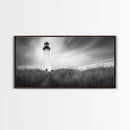 Lighthouse Grass, Seaside Tower, Stormy Sky, Black White, Framed Canvas Print, Beach Bathroom Art, Minimalist Decor, Nautical Print